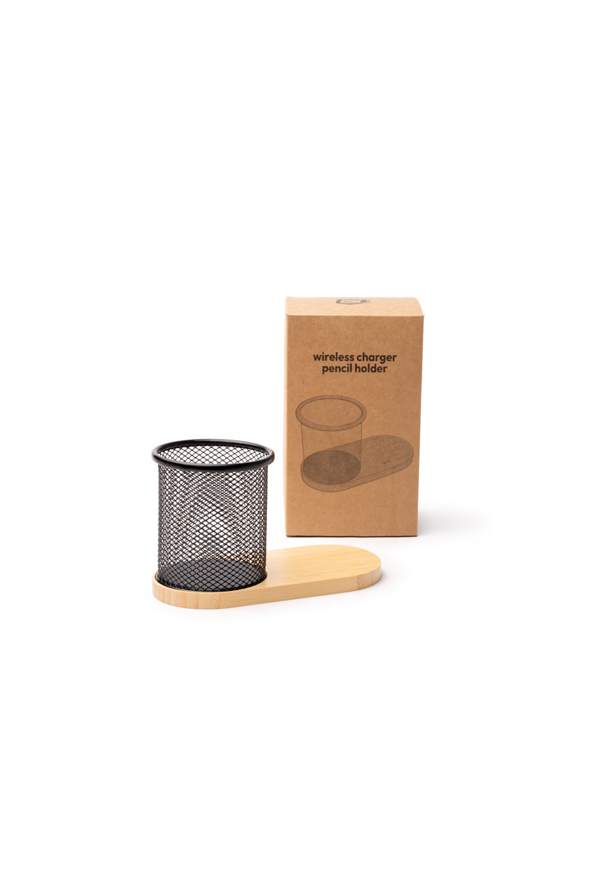 Costelo Metal and Bamboo Pen Holder with Wireless Charger