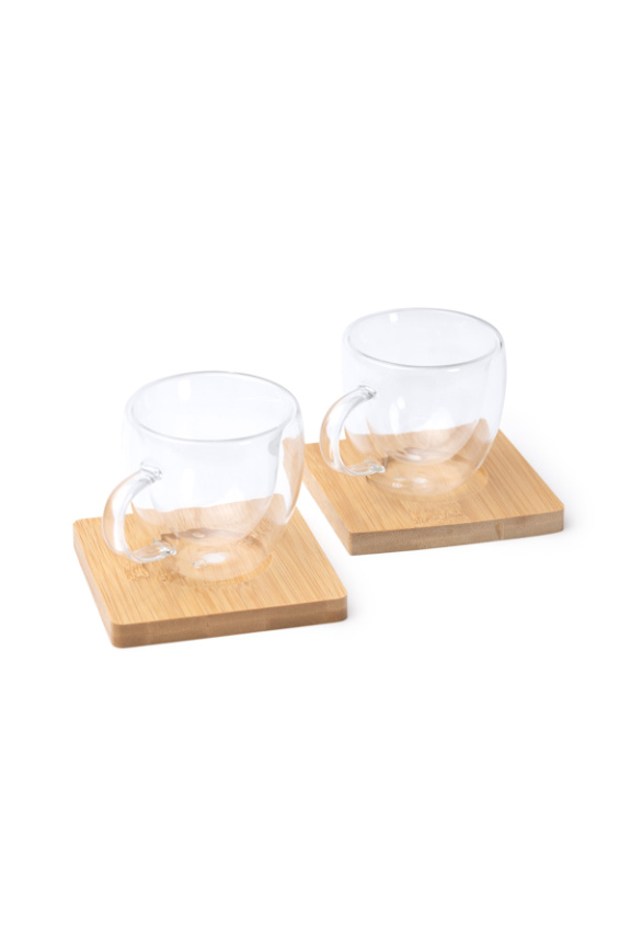 ROBUS Double-Walled Glass Mug Set with Bamboo Trays