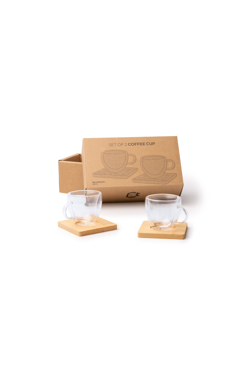 ROBUS Double-Walled Glass Mug Set with Bamboo Trays