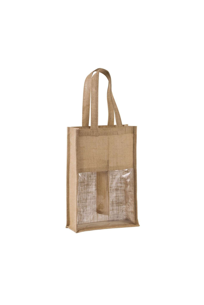 Jute Canvas Bottle Bag with Window - Holds 2 Bottles