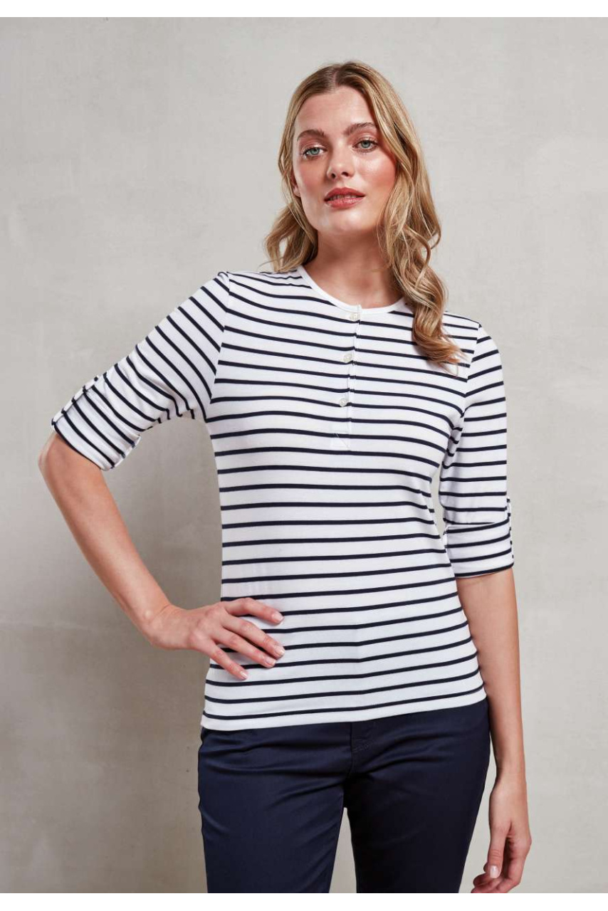 Tricou Femei cu Mâneci Rulate - Dungi Alb/Navy