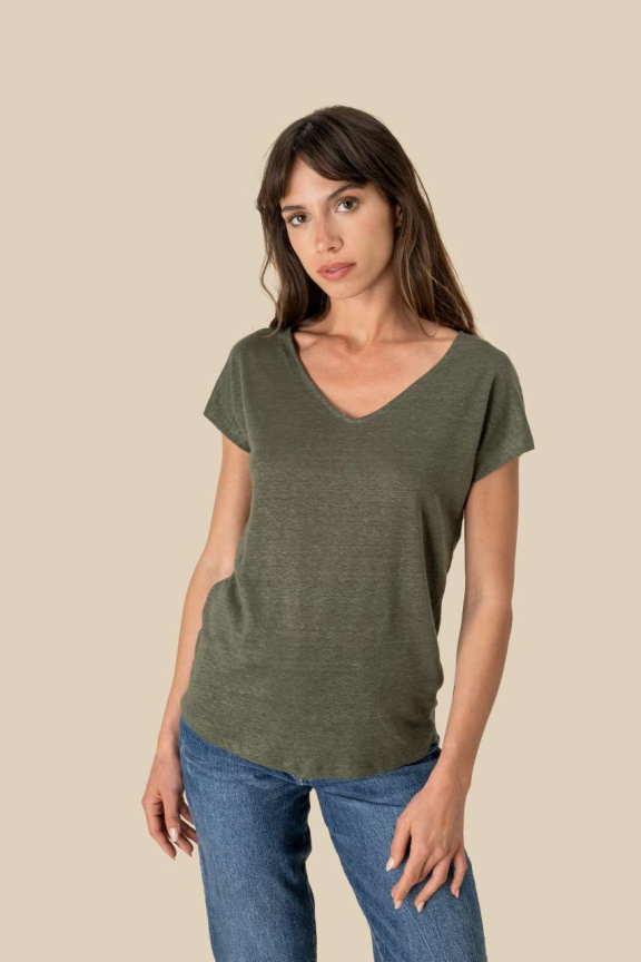 Women's V-Neck Linen T-Shirt - Stylish & Breathable