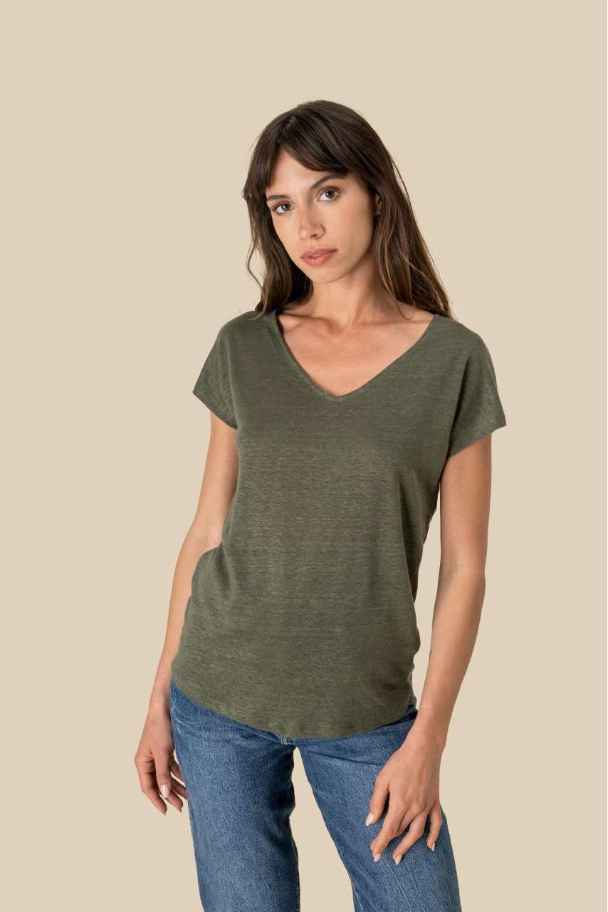 Women's V-Neck Linen T-Shirt - Stylish & Breathable