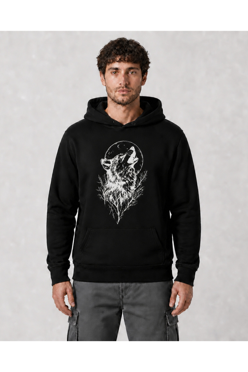 Hanorac bărbați Wolf Moon casual streetwear negru