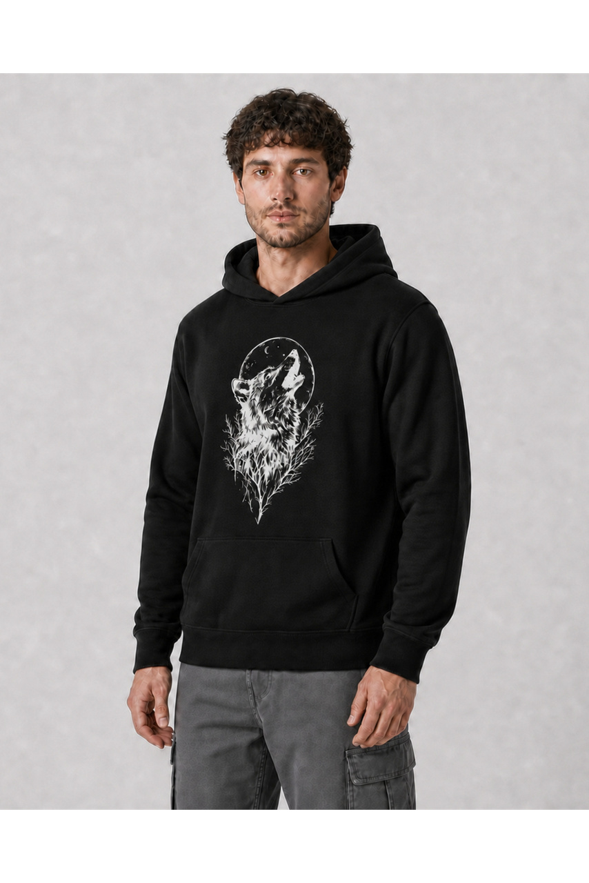 Hanorac bărbați Wolf Moon casual streetwear negru