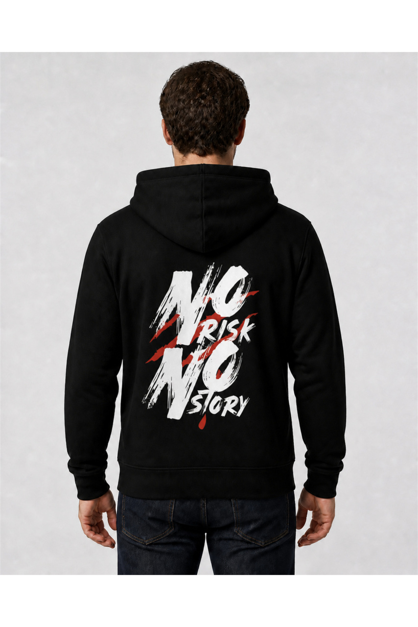 Men's NO RISK NO STORY black cotton hoodie | Reborne