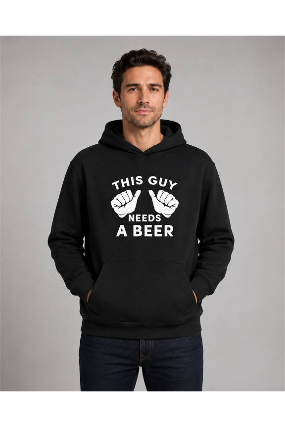Men's This Guy Needs a Beer cotton hoodie, casual, black