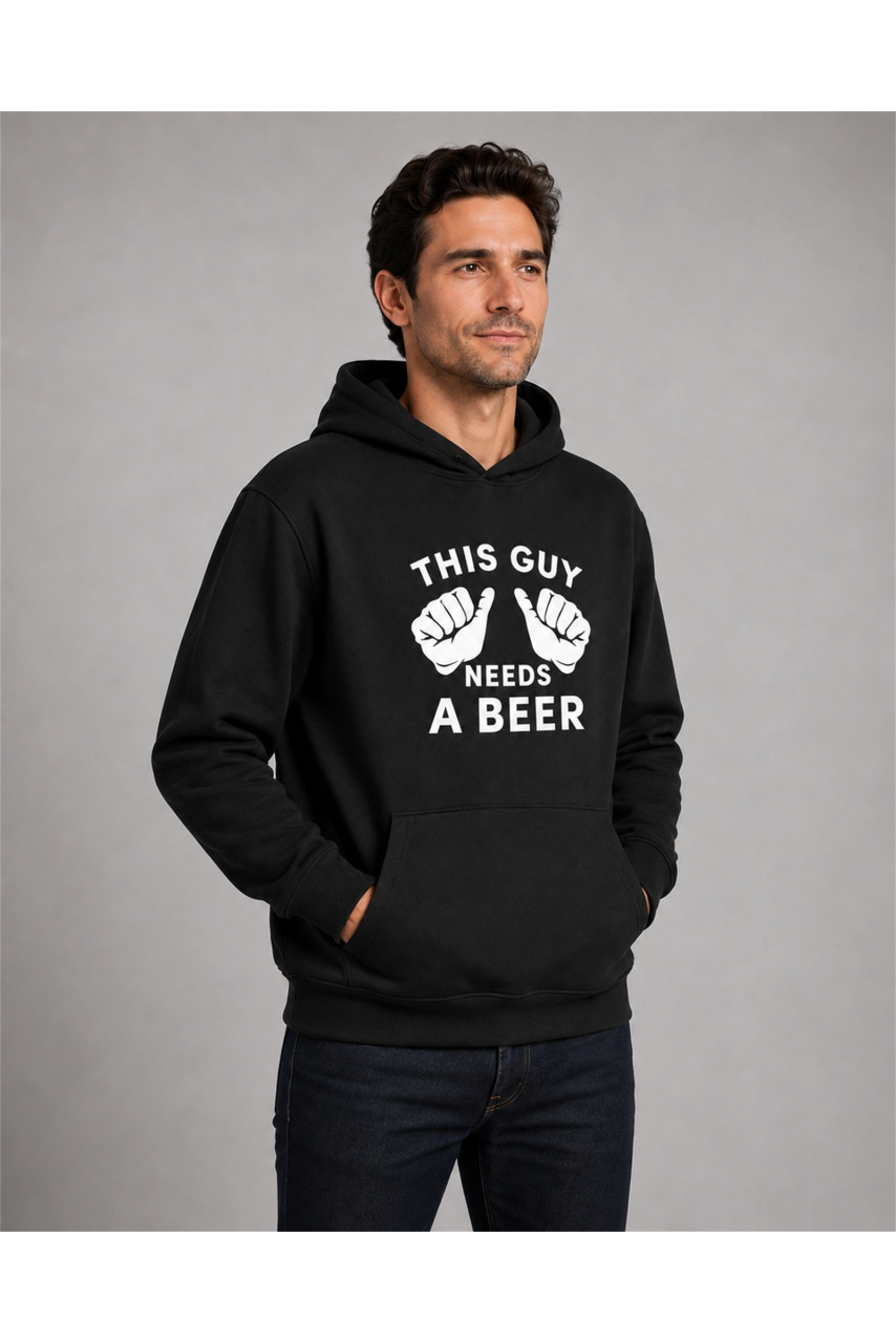 Men's This Guy Needs a Beer cotton hoodie, casual, black